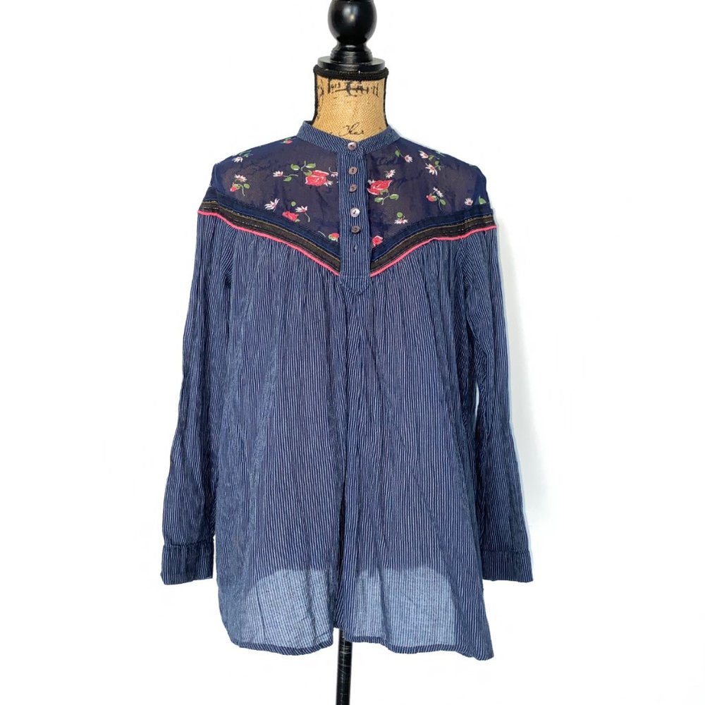Free People | 100% Cotton Blue Hearts & Colors Striped Tunic XSmall